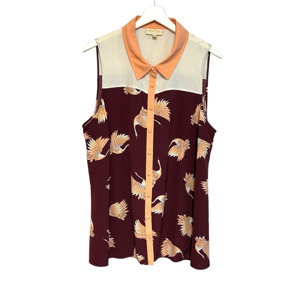 Modcloth 1X retro collar sleeveless blouse crane print button down novelty